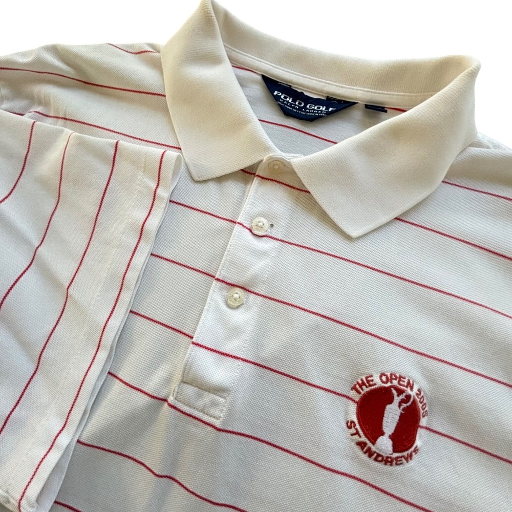 VTG Polo Golf Shirt Mens XL White Striped The Open 2005 St Andrews Preppy